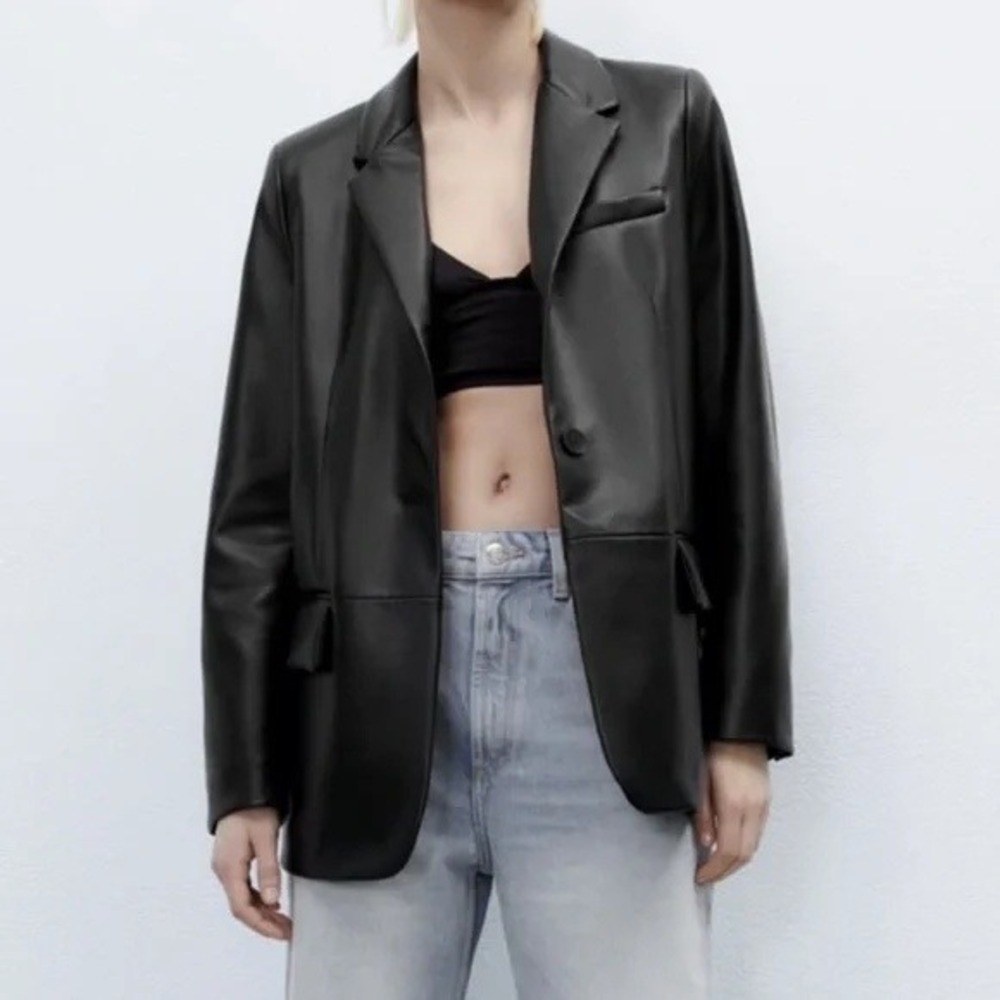 ZARA Oversized Faux‎ Leather Blazer Jacket Black Womens Size XS